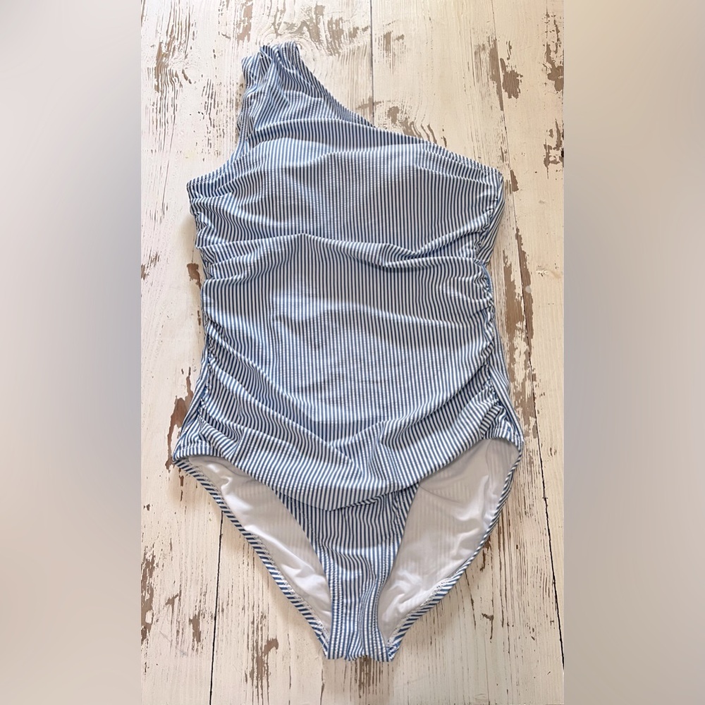 J.Crew Seersucker One-Shoulder Rouched Long Torso Swimsuit 12L